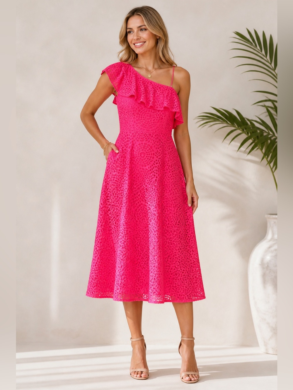 Lilly Pulitzer Callisto‎ One Shoulder Lace Midi Dress Hot Pink 12
